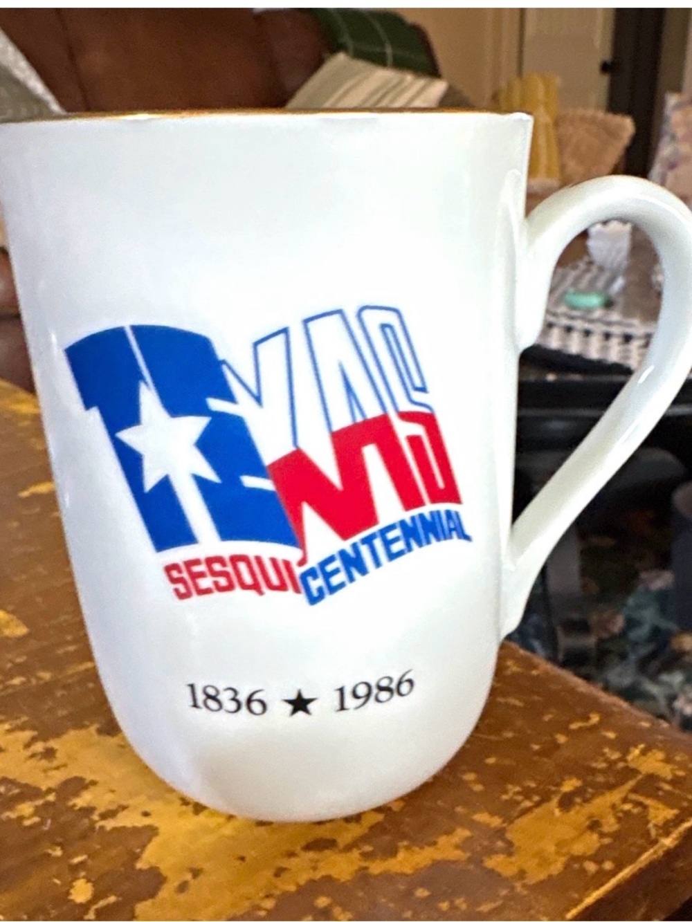 Texas Sesqui Centennial White Ceramic Mug with Red & Blue Logo